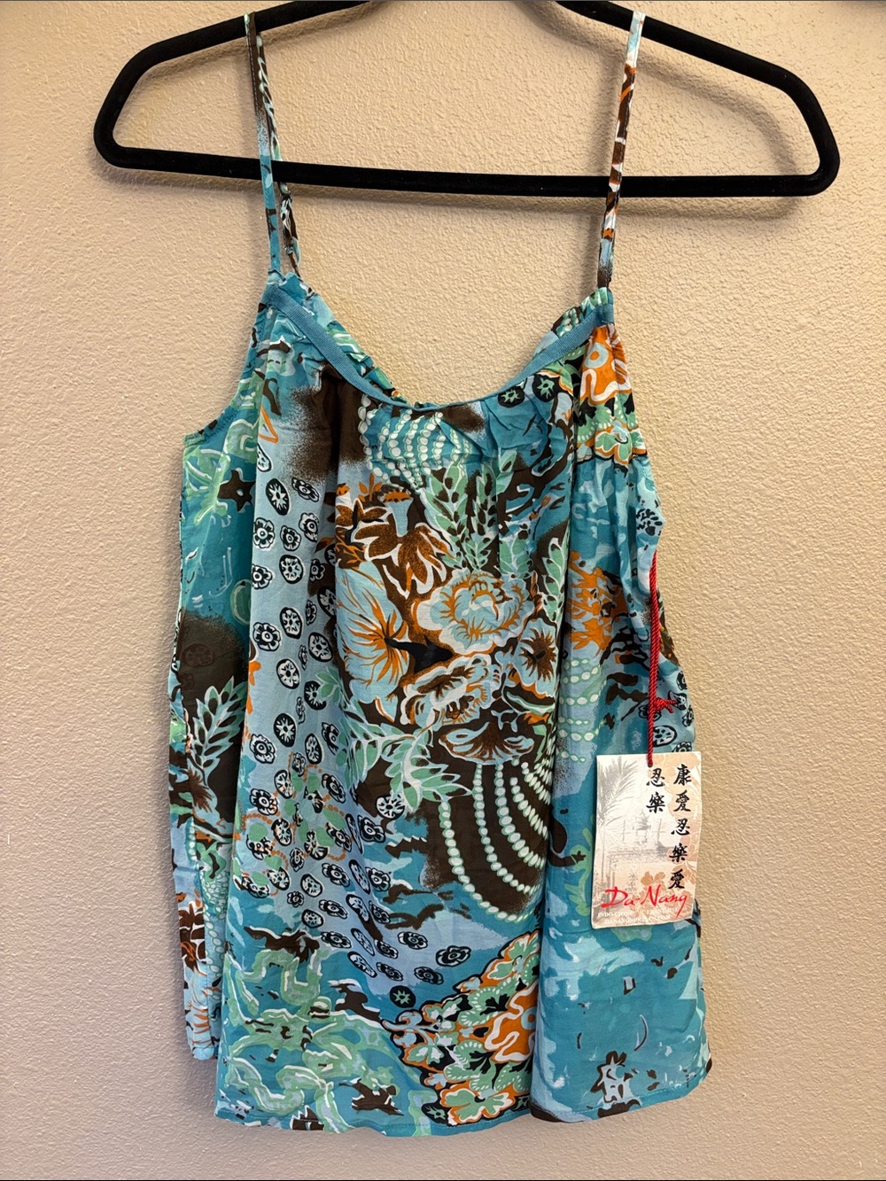 NEW! Da-Nang M Turquoise Brown Abstract Floral Spaghetti Strap Tank Top Cami
